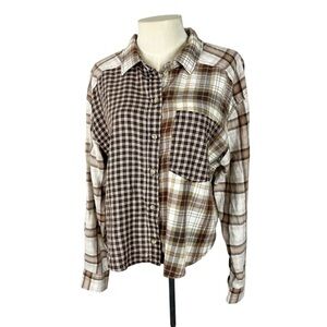 American Eagle Cropped Patchwork Mixed Plaid Flannel Shirt Women’s Medium Brown